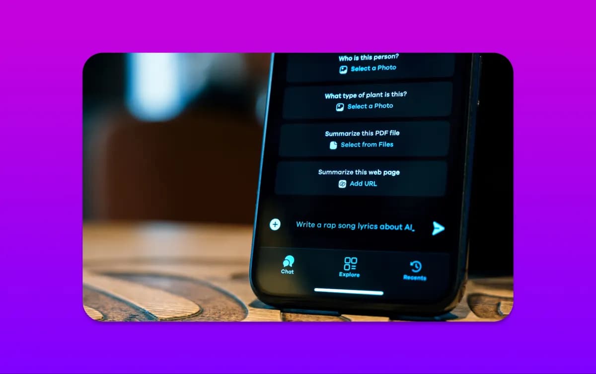 Smartphone displaying AI chat prompts for photographs, documents and web pages