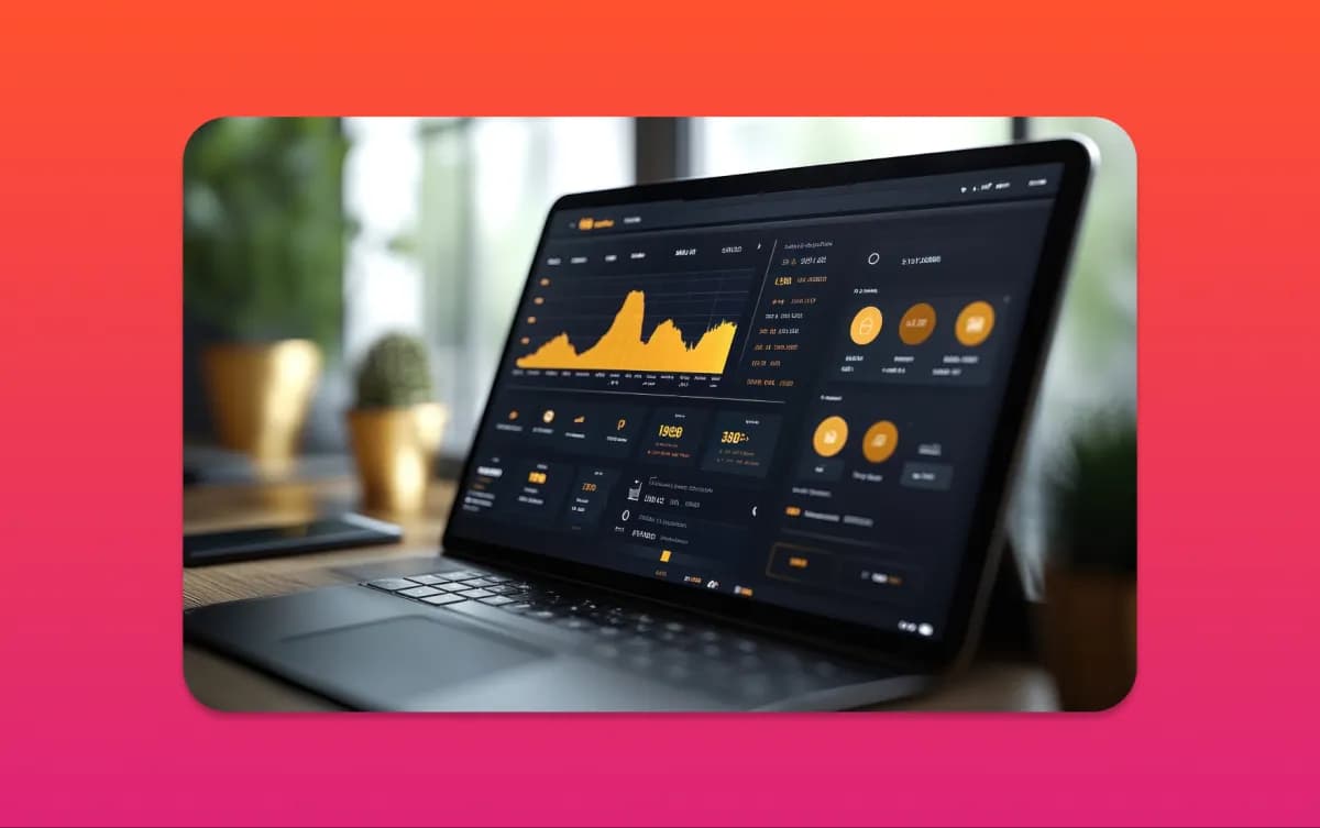 Illustrated analytics dashboard with charts and metrics on a laptop