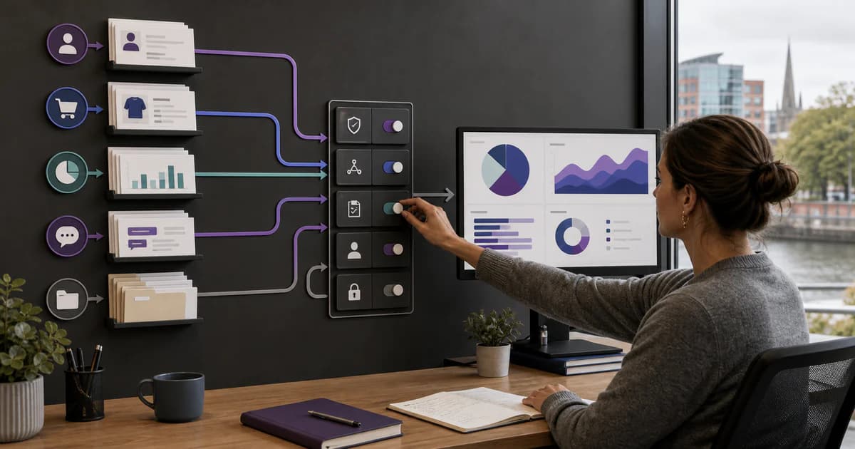 Business data from several systems flowing through a governed platform into a clear decision dashboard.