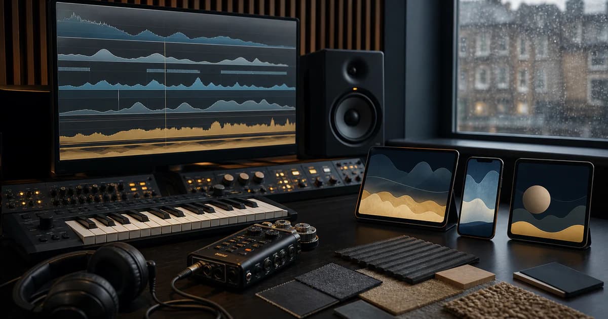 Audio branding studio with waveform, recording equipment and customer touchpoint mock-ups