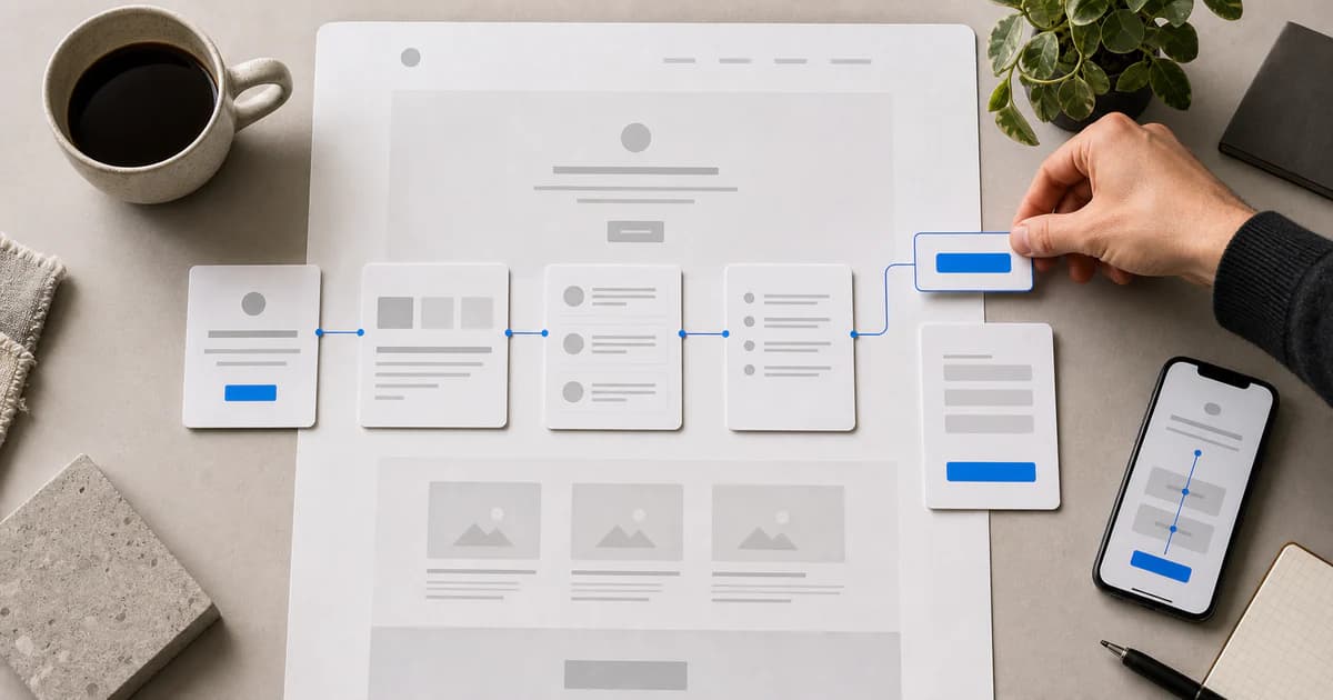 Homepage wireframe cards arranged into a clear journey from opening message to enquiry