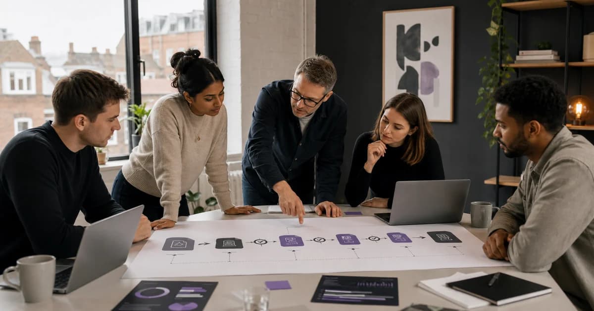A UK business team reviews an AI integration process from discovery through testing and controlled launch.
