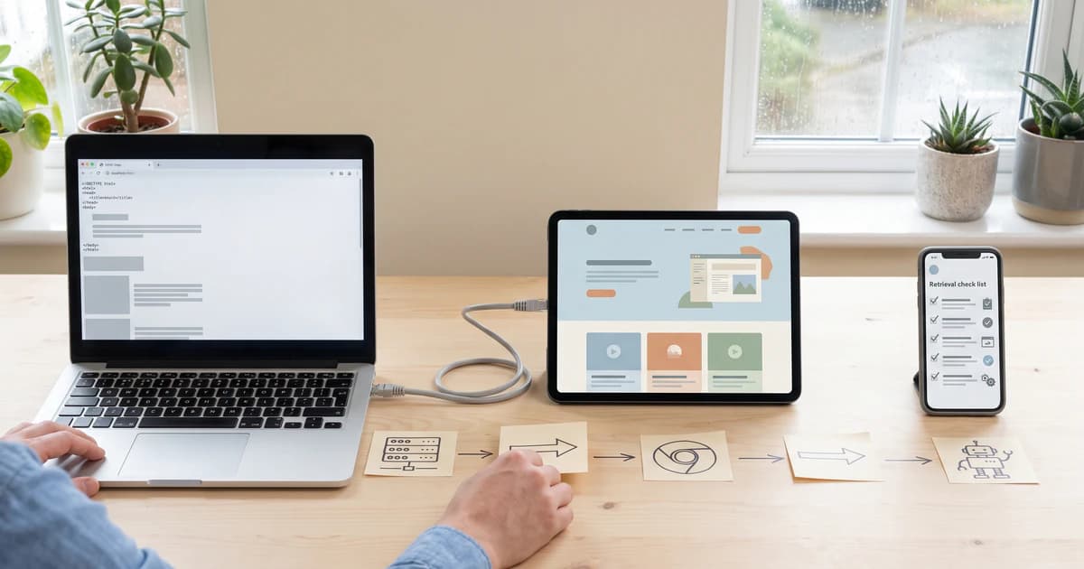 A UK developer compares raw HTML, a rendered webpage and a mobile retrieval checklist for JavaScript content.