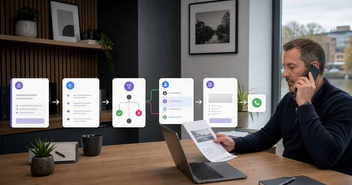 A sales workflow moving from website enquiry through AI-assisted summary, CRM, proposal and human follow-up.