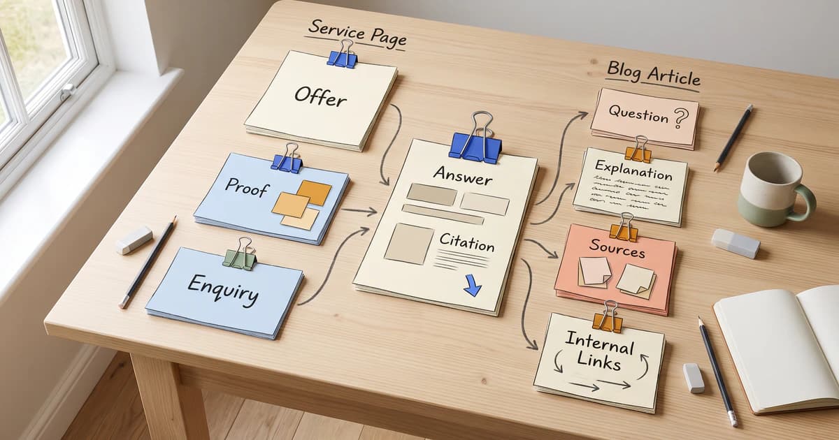 Service-page and blog-article card flows feed offers, proof, questions and sources into a central AI-search answer.
