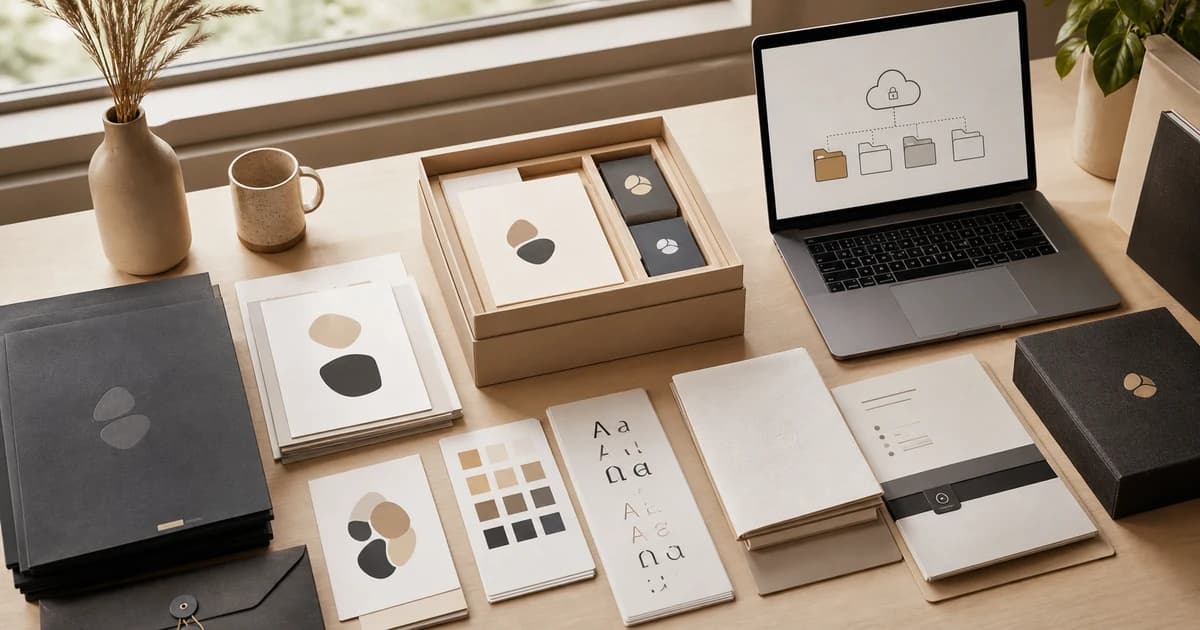 Organised brand identity handover with logo files, colour specifications, font licences and templates