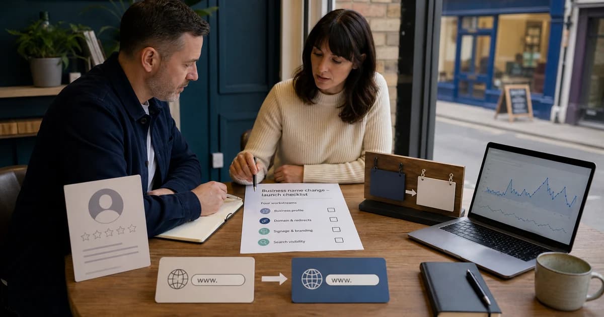 Business name-change plan connecting Google reviews, website redirects, listings and customer communications