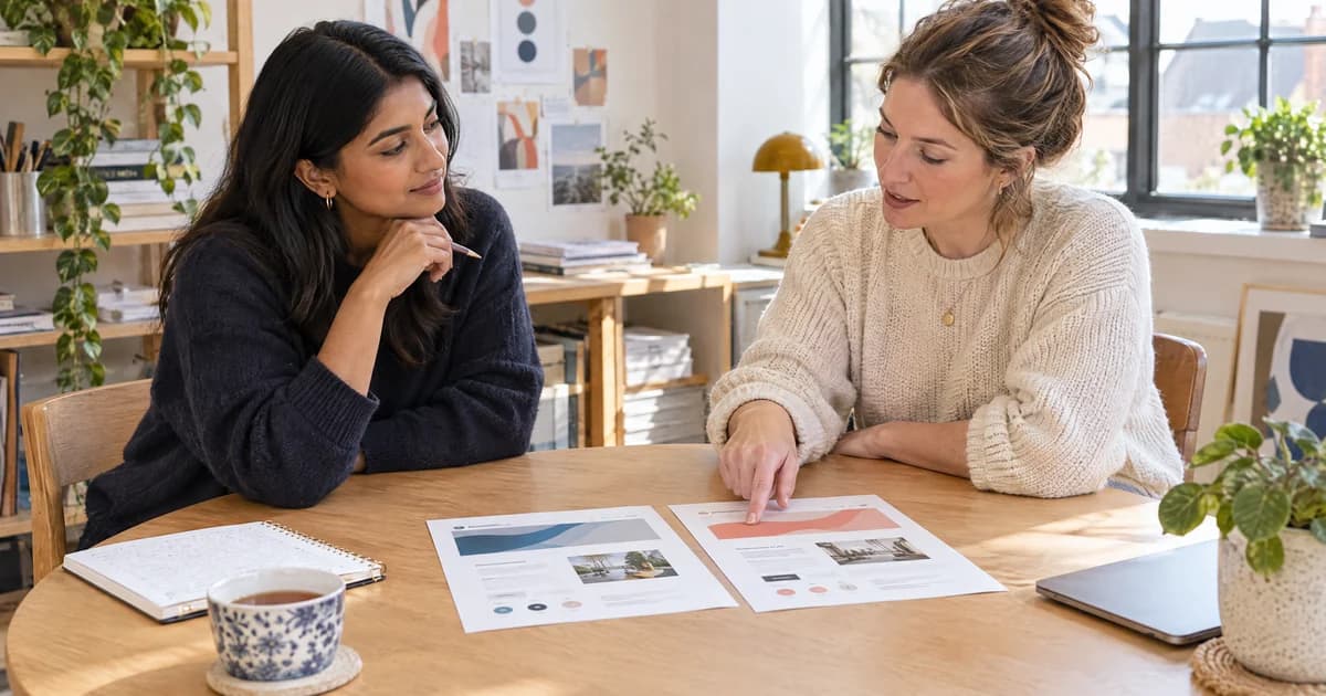 A brand strategist listening to a client beside two simple website message cards in a sunny UK meeting room