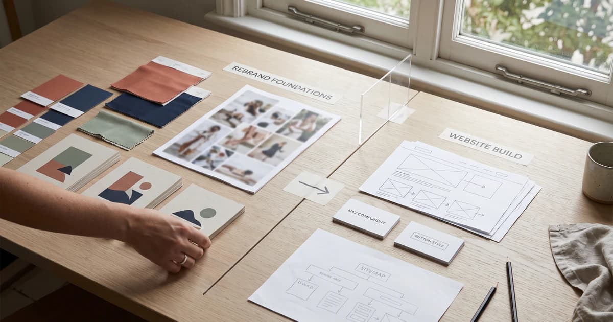 A bright UK planning table splits rebrand materials and colour swatches from website wireframes and a sitemap.