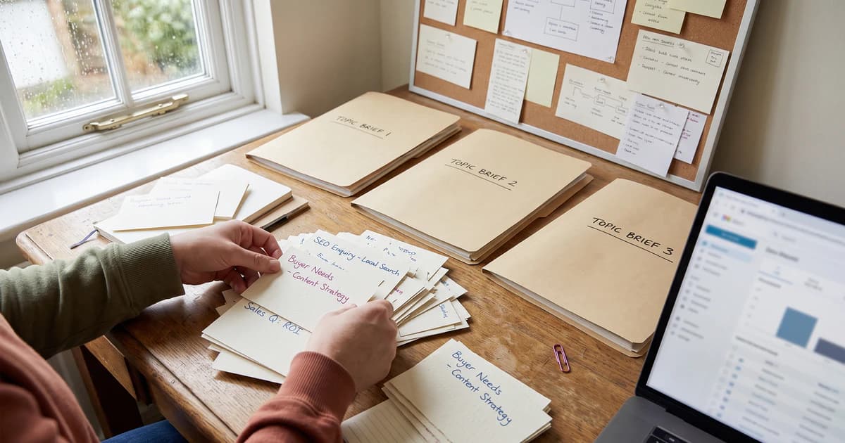 A UK marketer sorts anonymised CRM and buyer-needs cards into three practical SEO topic folders.