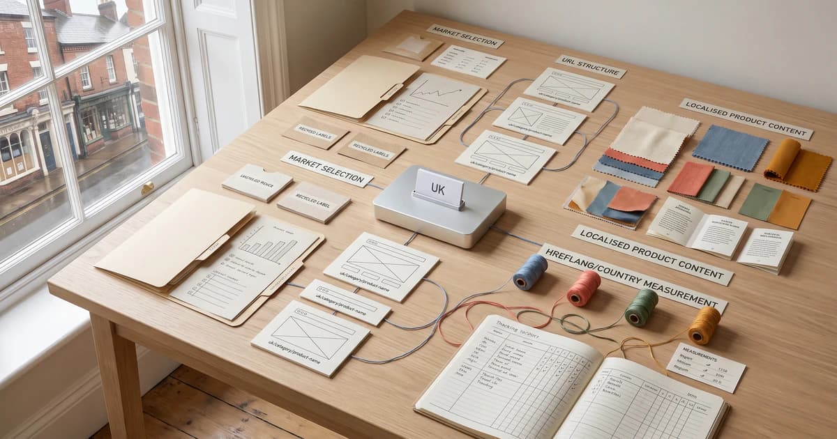 A UK store hub connects to planning areas for markets, URL structure, localised product content and hreflang measurement.