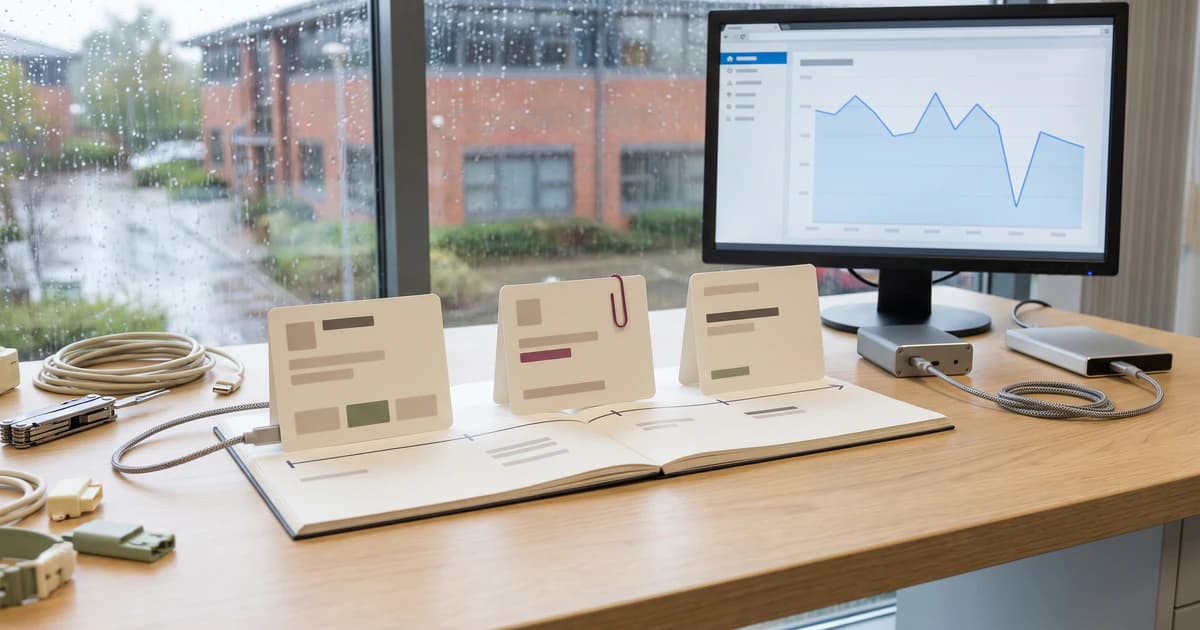 Website-version cards on a release timeline sit beside a traffic-drop chart, cables and a connected backup drive.