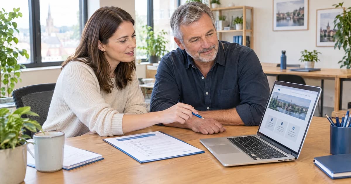 A website developer and business owner reviewing a handover checklist together in a bright UK agency studio
