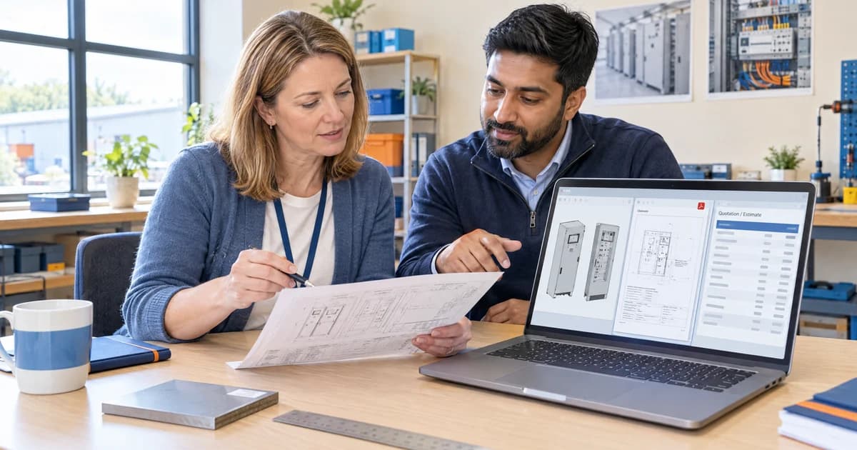 A UK estimator and automation consultant reviewing an incoming PDF beside a clearly marked draft quotation in a bright workshop office
