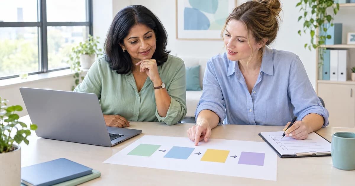 A finance manager reviewing an approval card with an automation specialist in a bright UK agency meeting room