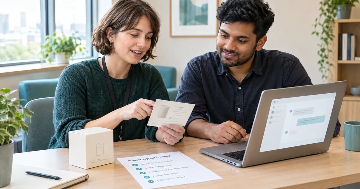 A customer-service adviser and developer checking product information beside a simple chatbot answer card
