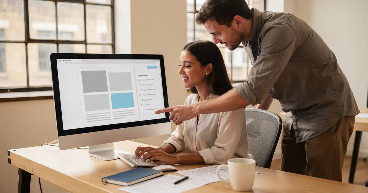 A business owner editing a service page while a developer explains a website handover in a bright UK studio