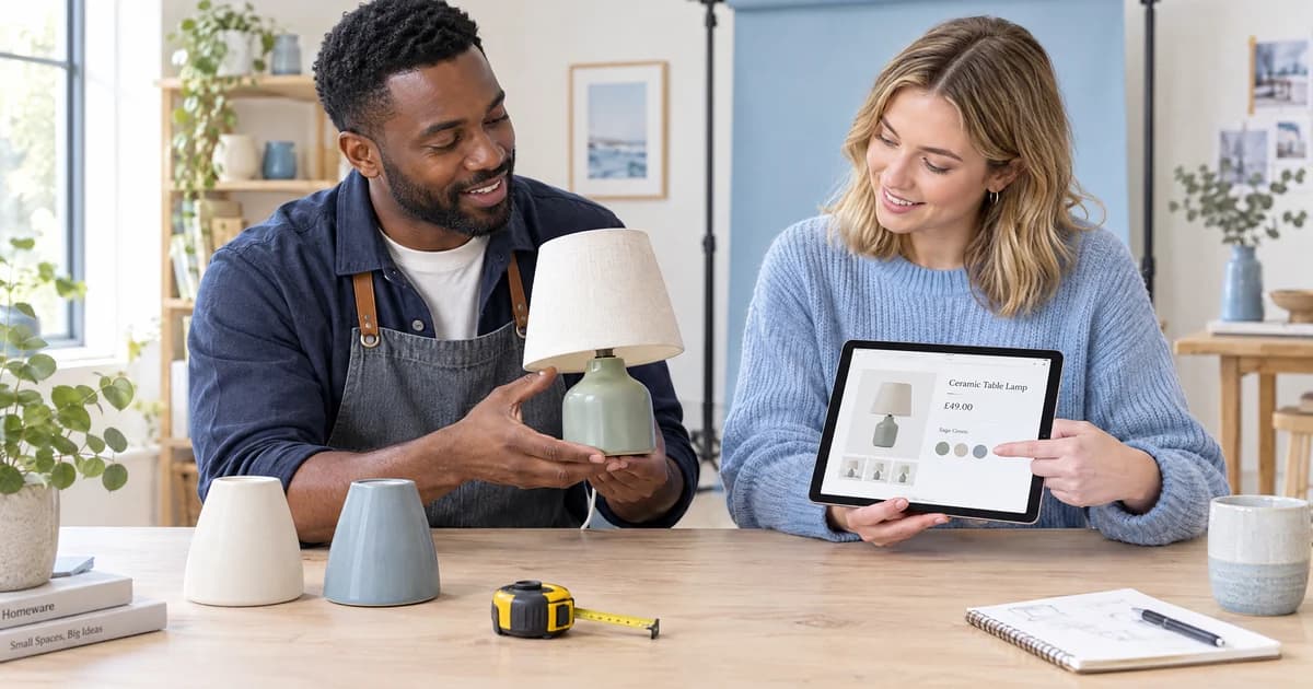 A UK shop owner and digital specialist checking a product's colour, dimensions and online listing beside a bright product-photography setup