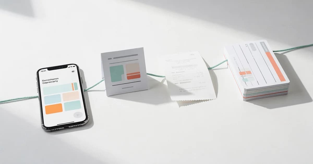 A phone booking screen, calendar cards and payment receipt arranged on a light desk to illustrate a connected customer journey