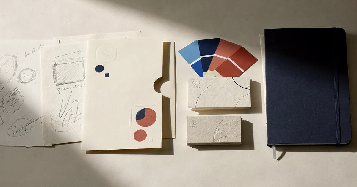 A carefully arranged branding project kit with colour swatches, identity layouts and sample stationery on a bright studio surface