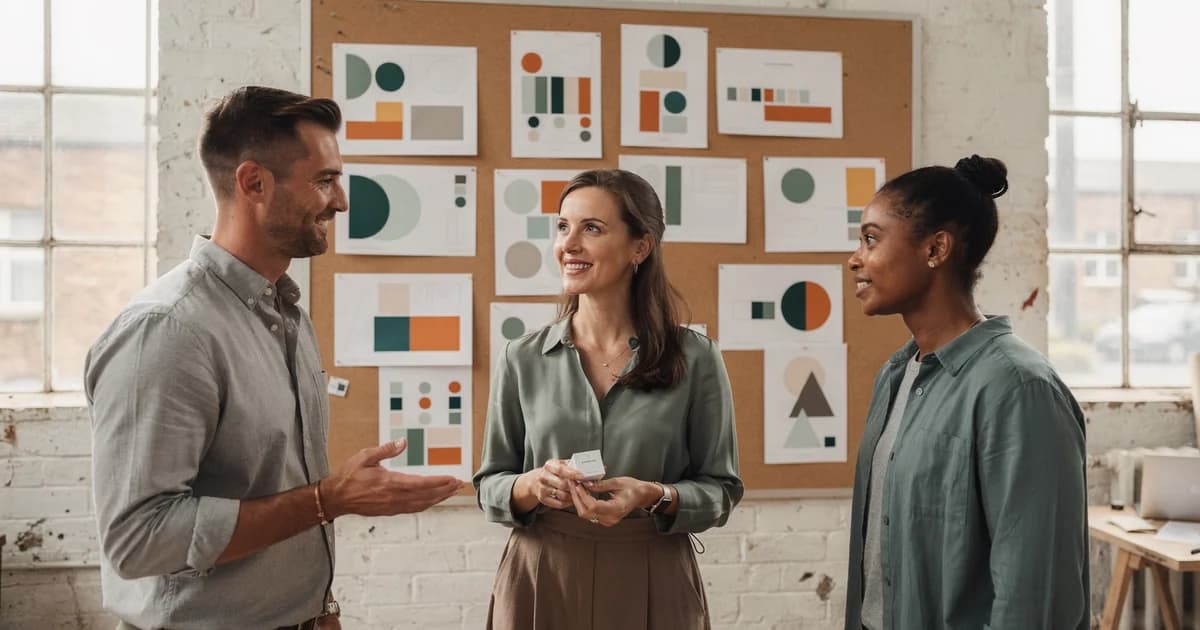 A business owner and two creative specialists reviewing a wall of brand concepts in a bright converted British workshop