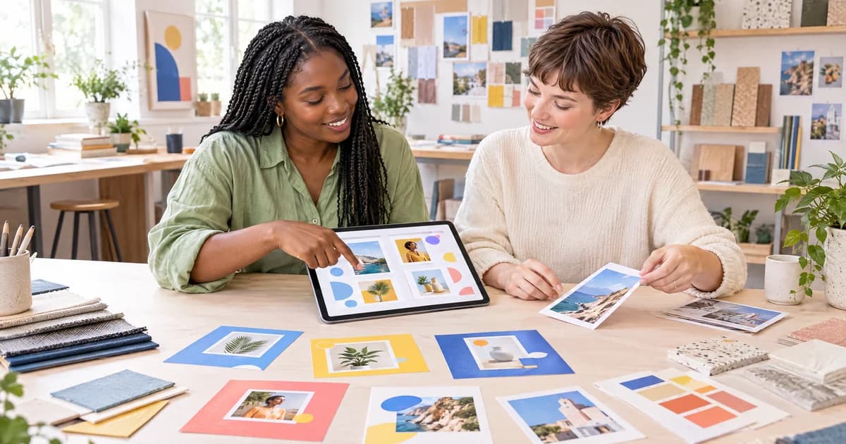 A designer helping a marketing colleague compare editable social templates on a tablet and printed cards in a bright UK studio