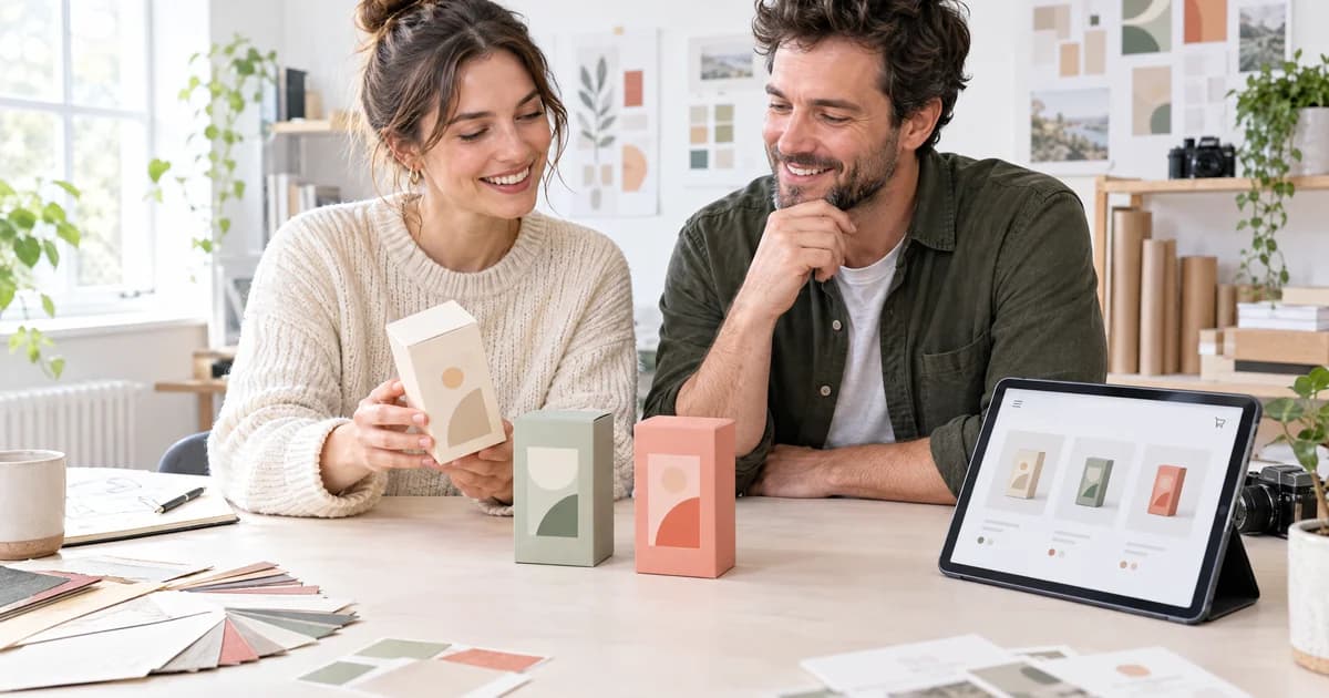 A packaging designer and small-brand owner comparing colourful box prototypes under a soft light beside a Shopify-style product grid