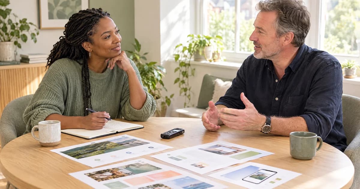 A UK agency writer interviewing a client beside a small selection of approved design work in a sunlit meeting space