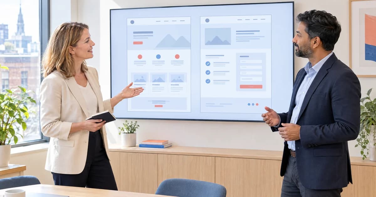 A UK marketing strategist and client comparing two website page layouts projected side by side in a bright agency room