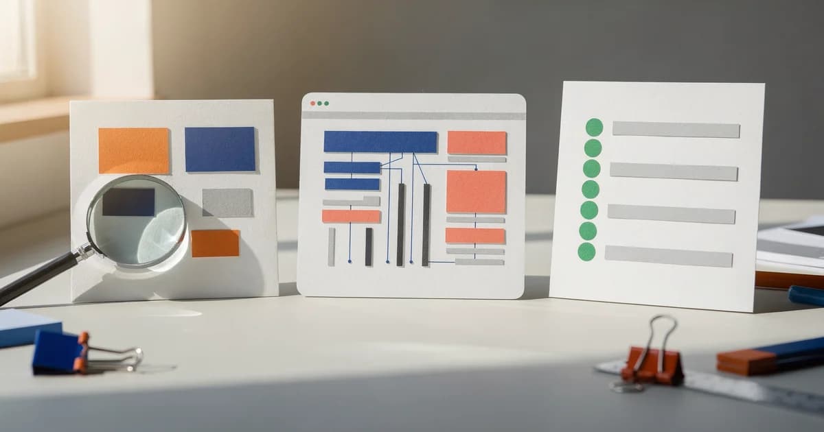Three bright planning boards showing research, website improvements and review stages of a local SEO project