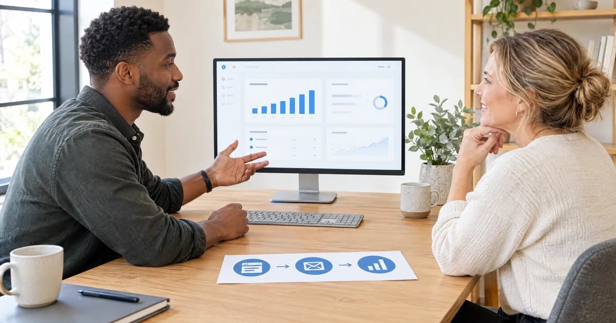 An agency analyst and business owner comparing a simple enquiry log with a light analytics dashboard
