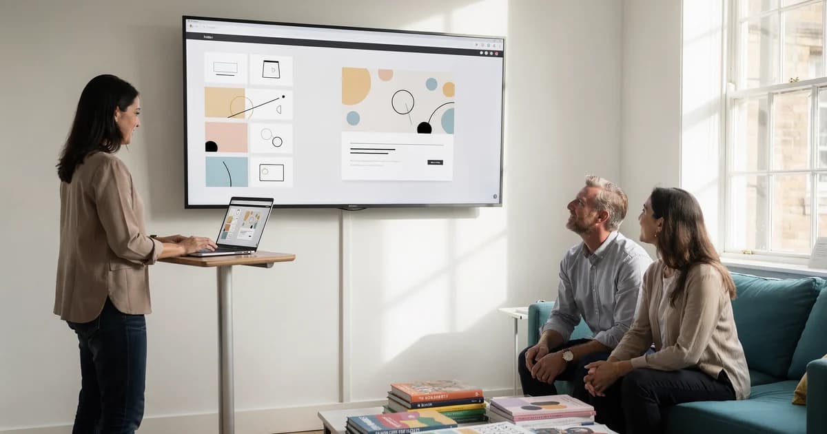 Marketing team testing a page edit on a shared screen in a bright UK creative studio