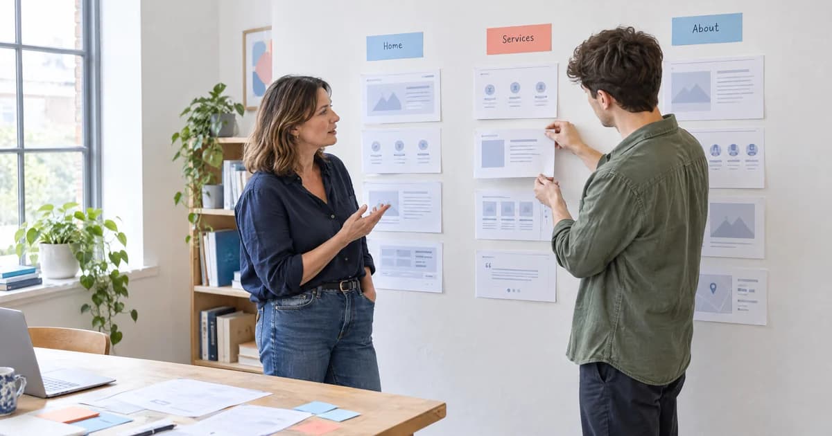An agency designer and business owner arranging website page cards into three stages on a bright studio wall