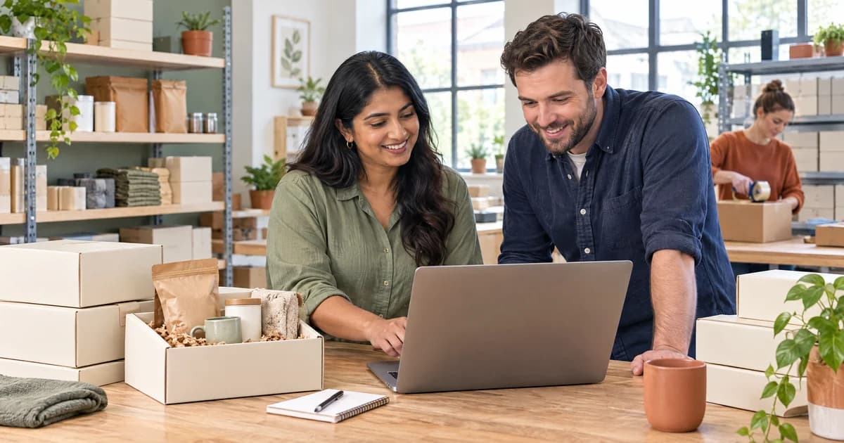 A small UK subscription-box business owner and ecommerce consultant checking packed orders beside a laptop in a bright fulfilment studio