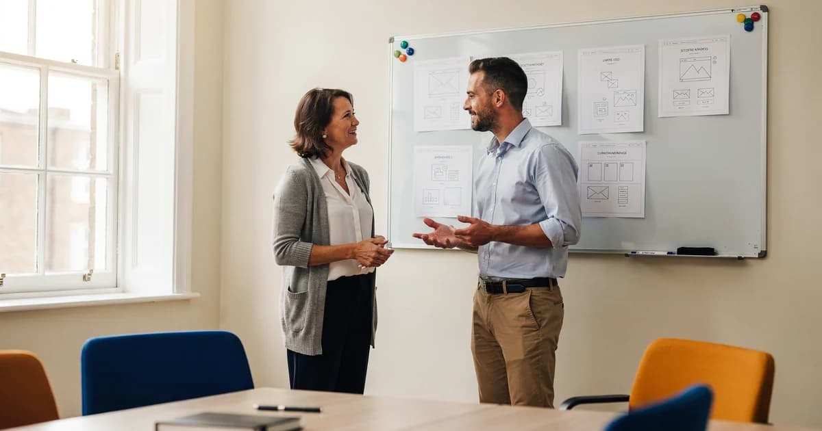 Business owner and website designer discussing printed page layouts in a bright British meeting room