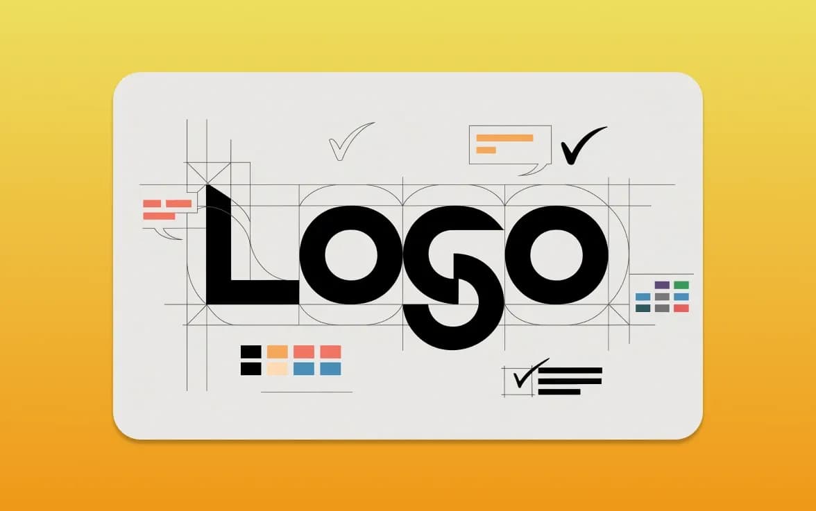 Illustrated logo construction grid with colour swatches and approval marks