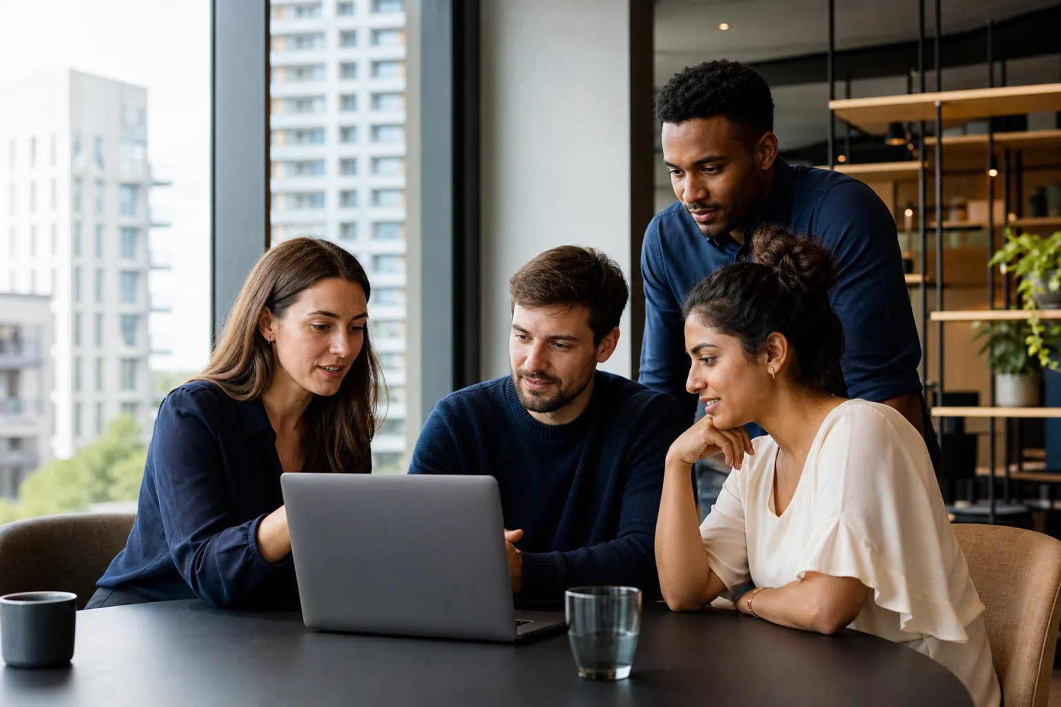 Professional and technology team collaborating in a modern Woking workspace