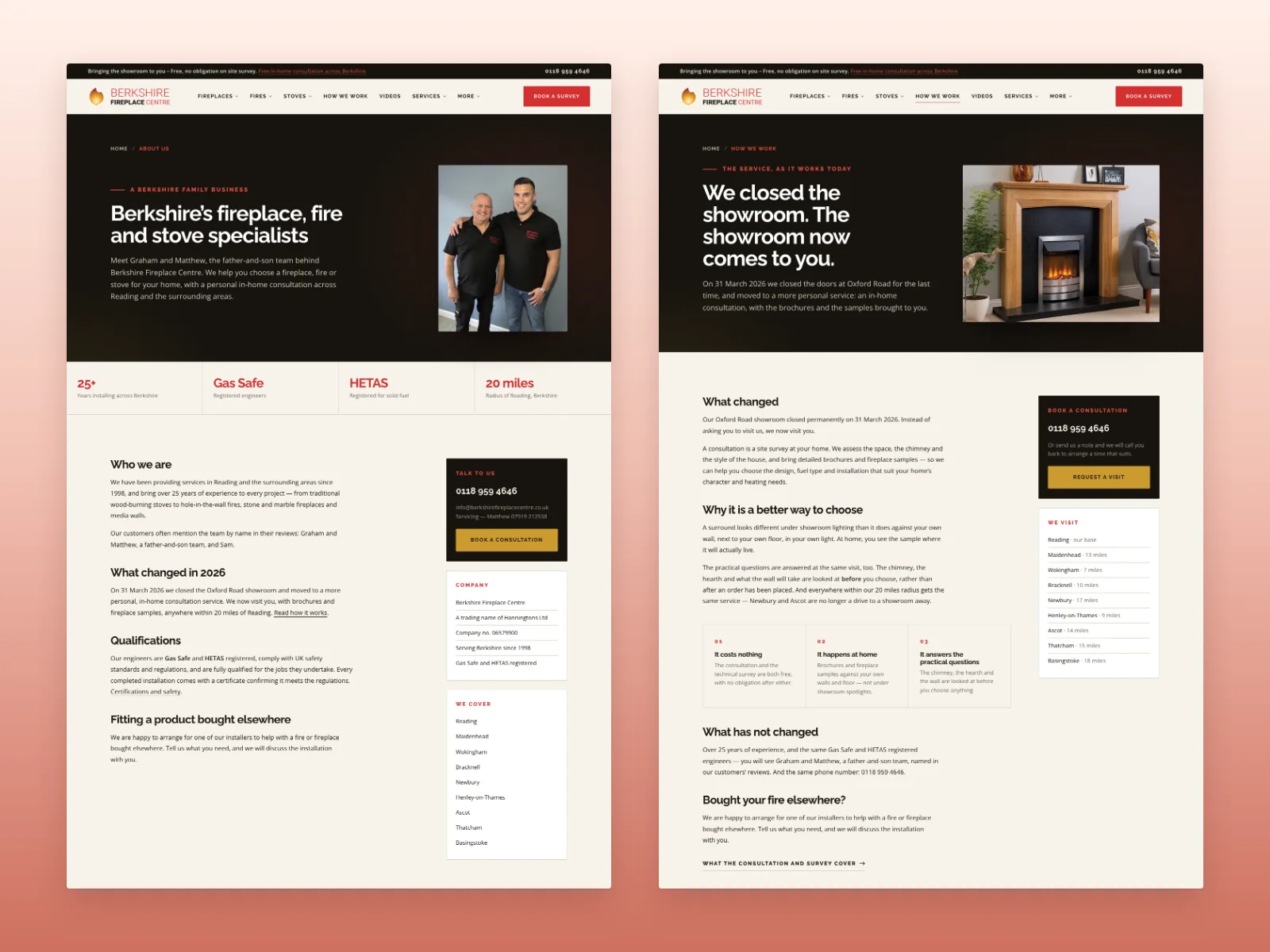Berkshire Fireplace Centre About and How We Work pages introducing the father-and-son team and in-home service