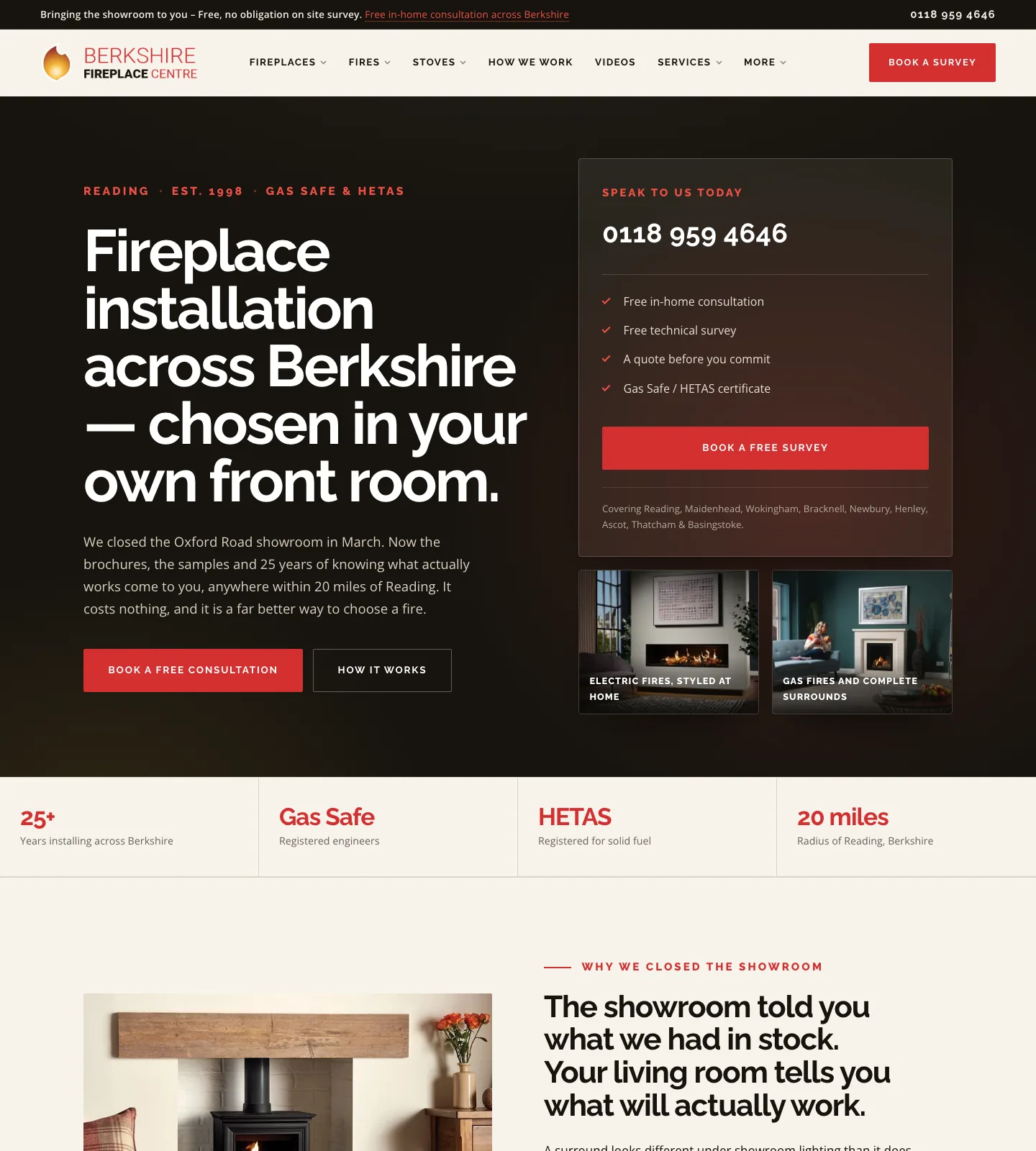 Berkshire Fireplace Centre redesigned WordPress homepage, captured on 29 October 2026