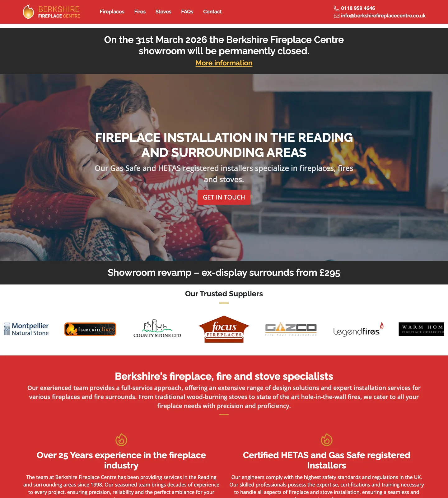 Berkshire Fireplace Centre homepage before the website redesign, captured on 22 October 2026