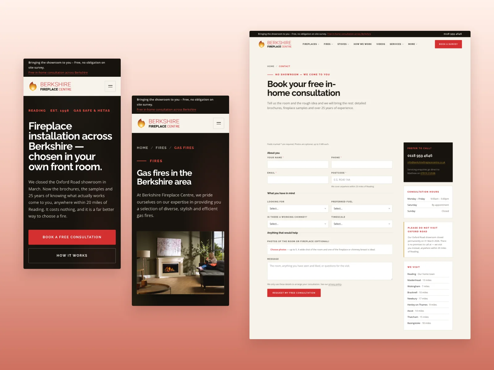 Berkshire Fireplace Centre mobile homepage and gas-fire range alongside the desktop consultation enquiry page