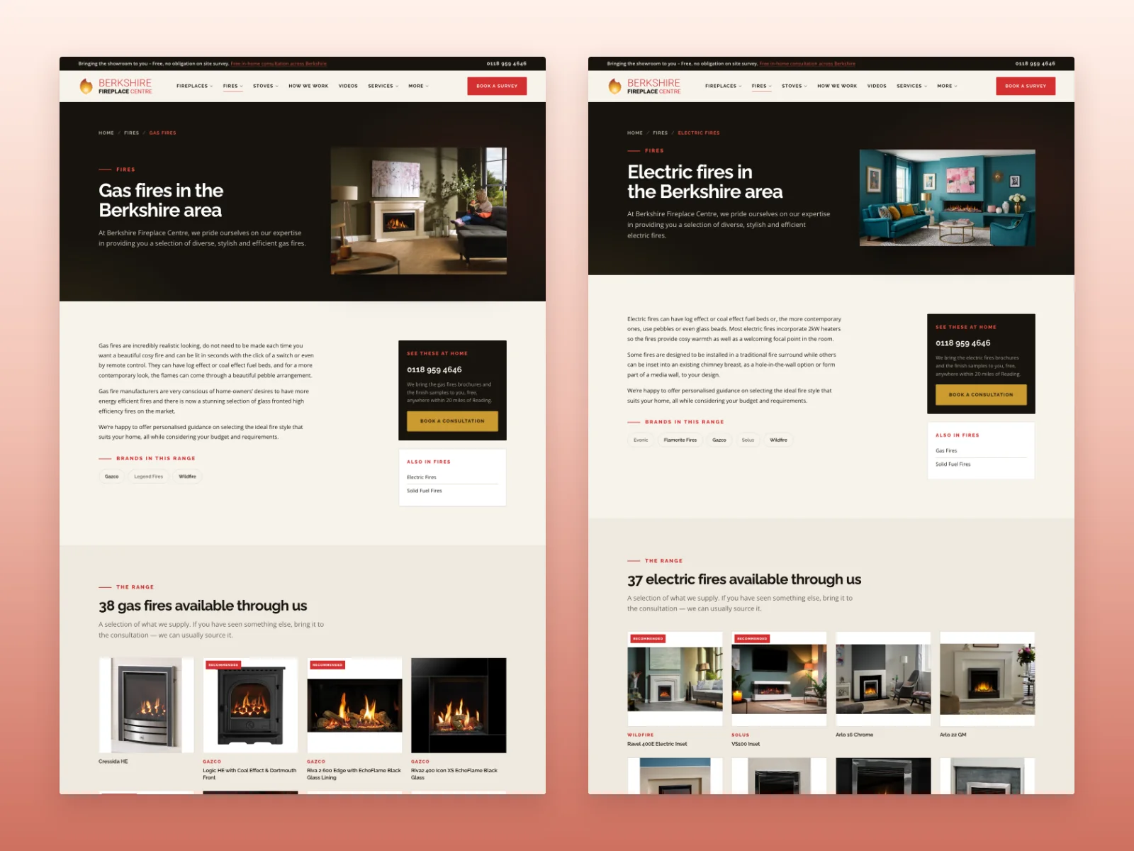 Berkshire Fireplace Centre gas and electric fire ranges with product photography and structured catalogue layouts