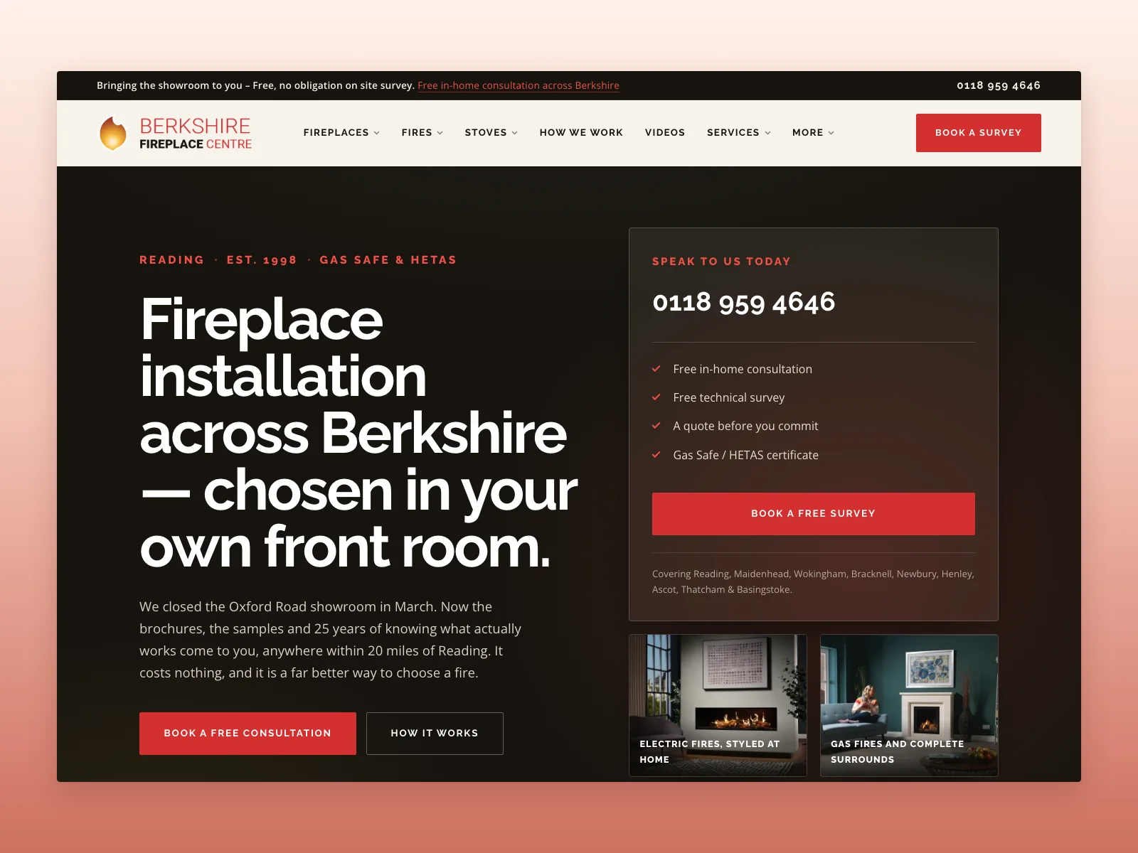 Berkshire Fireplace Centre redesigned WordPress homepage with fireplace photography and a clear in-home consultation journey