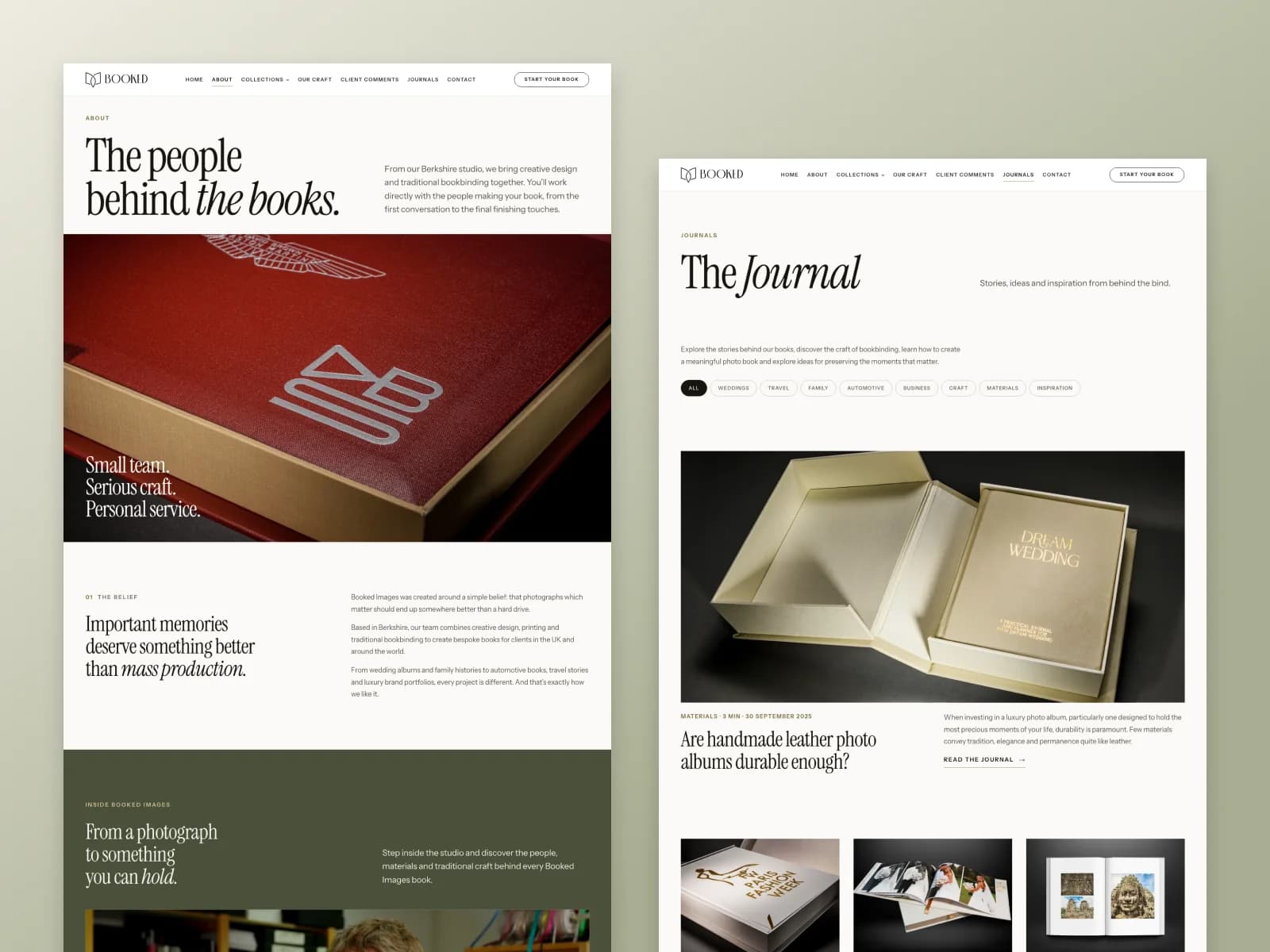 Booked Images About and Journal pages with photography-led editorial layouts
