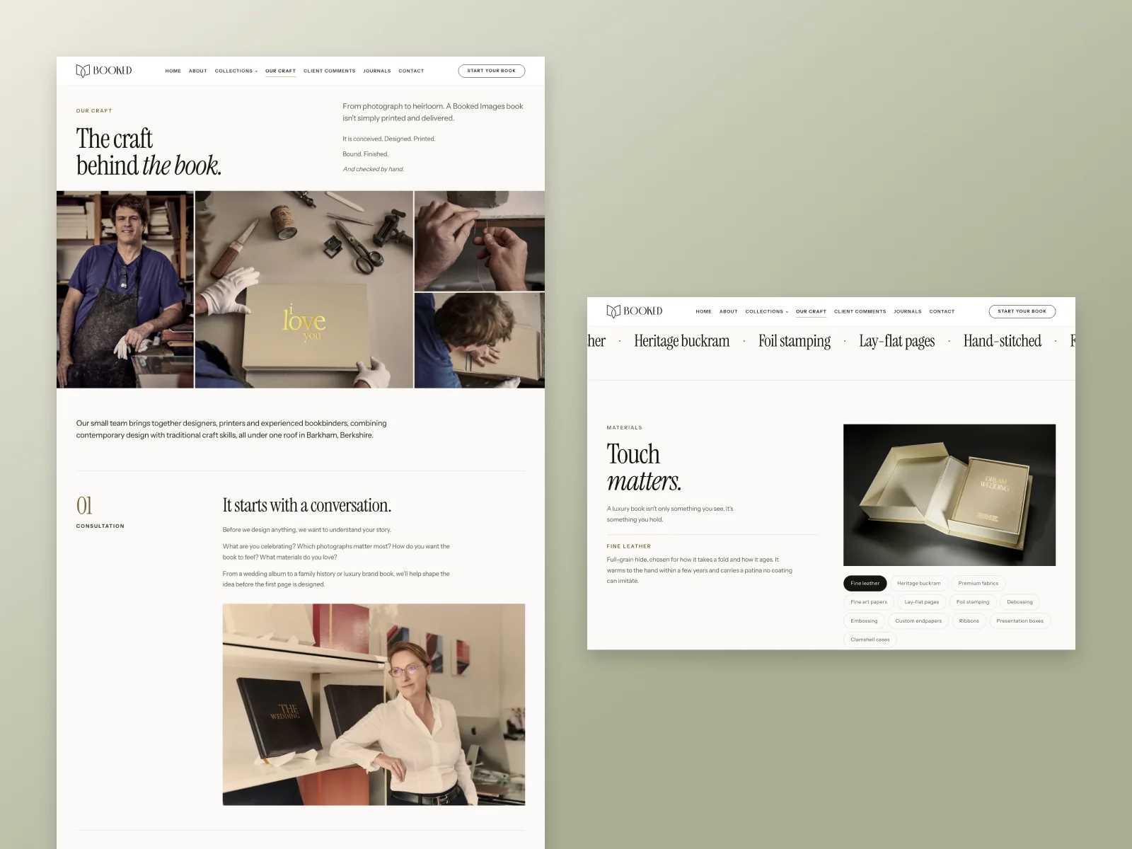 Booked Images craft page showing bookbinding, materials and the making process