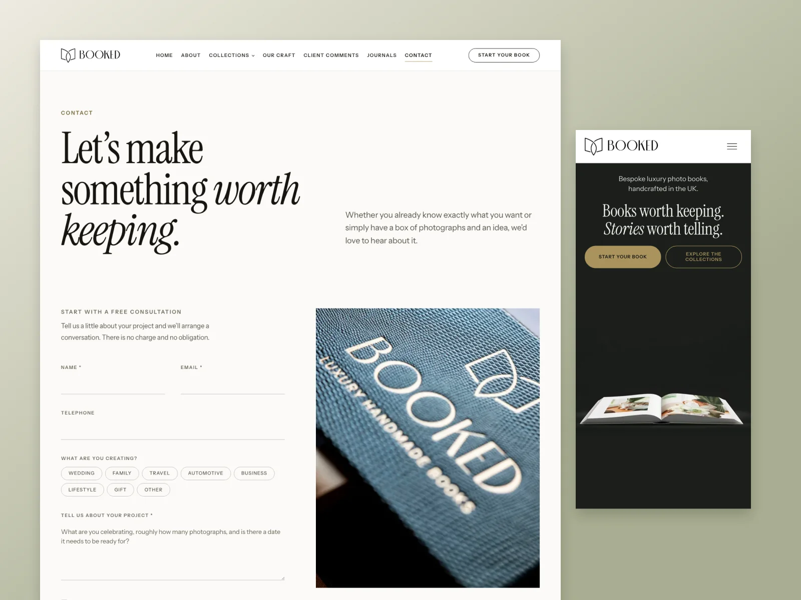 Booked Images mobile homepage and desktop personal book-enquiry form