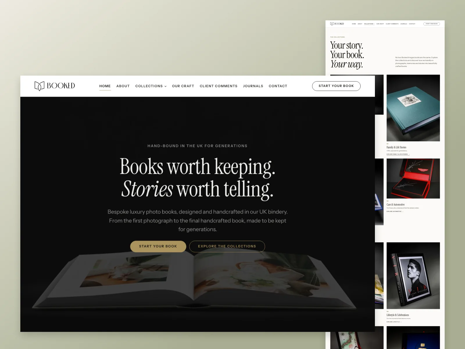Booked Images homepage at the end of its scroll animation, with the open wedding book and editorial headline