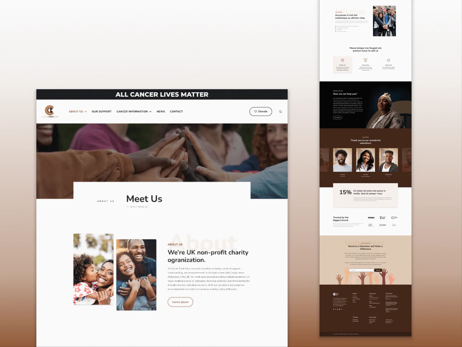 Cancer Black Care about page and complete responsive charity homepage design