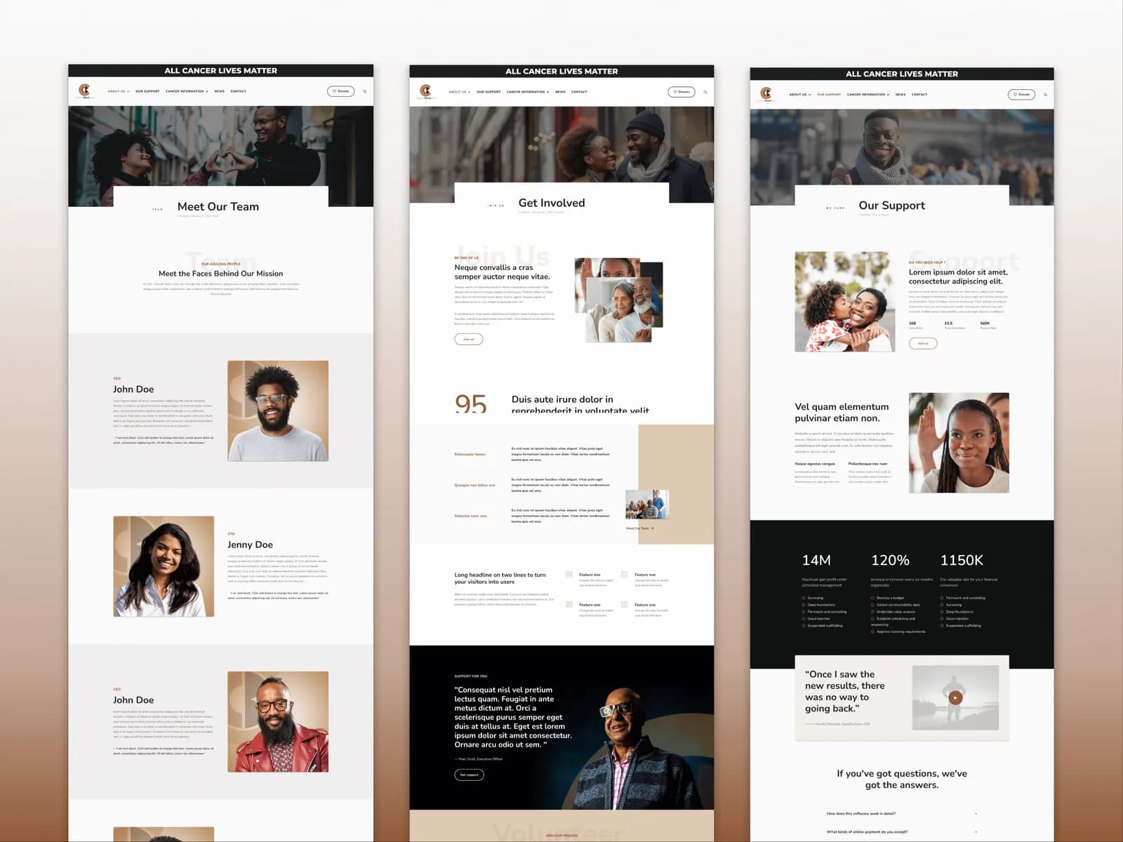 Cancer Black Care team, get involved and cancer support page designs