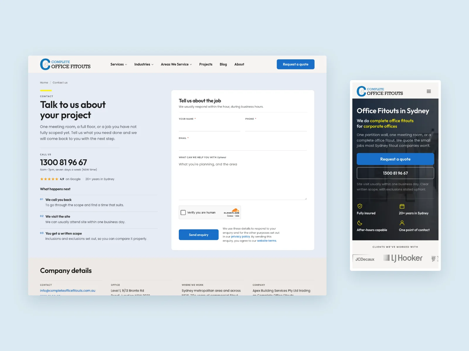Complete Office Fitouts public enquiry form and mobile homepage, with backend intake connected by MattDarm
